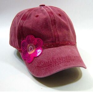 Berry Pink Sequined Flower Rhinestone Bling Hip Hop Streetwear Baseball Cap Hat